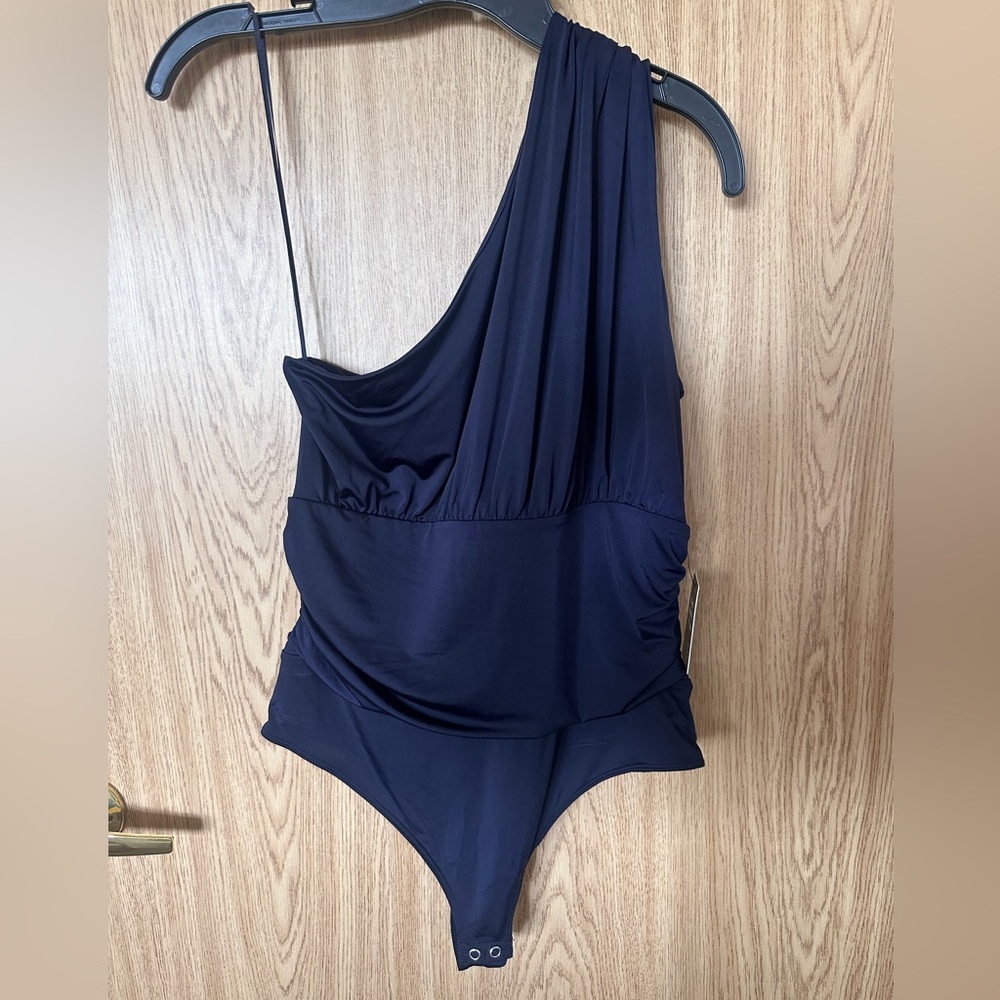 Express Blue Body Contour Bodysuit One Piece with Asymmetrical Design